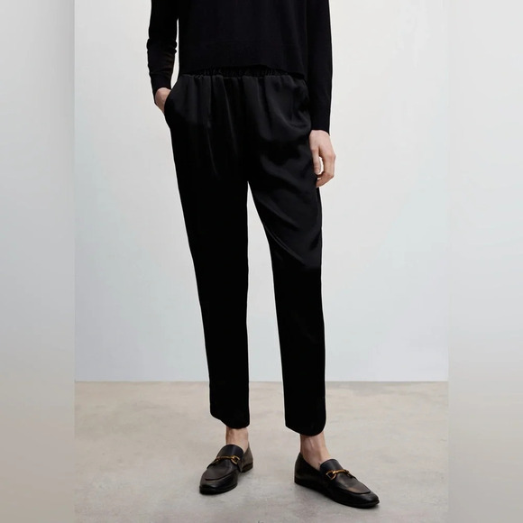 MNG MANGO Bright Elastic Waist Satin Pants in Black - Picture 1 of 12